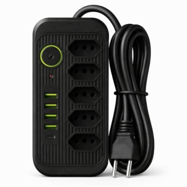 Imagem de Extensao Eletrica, Extensão Tomada, Régua Tomada, Régua de Energia, Filtro de Linha, 5 Tomadas, 4 Interfaces USB, 1 Porta USB Tipo-C, Cabo de Alimentação de 2,0 Metros, 110-220V (PRETA)