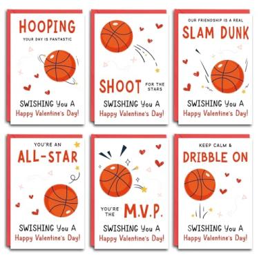 Imagem de Obbyidk 24 cartões de basquete dos namorados com envelopes e adesivos, cartões sortidos de dia dos namorados para amantes de basquete, presente de cartão de dia dos namorados esportivo para crianças