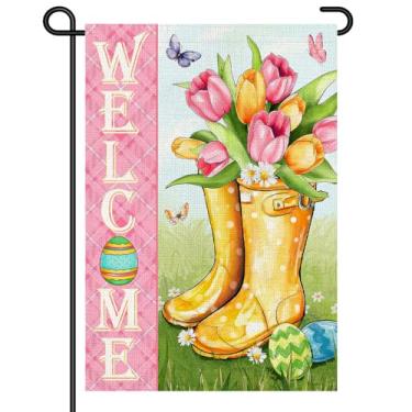Imagem de Bandeira de jardim de boas-vindas primavera 30,5 x 45,7 cm, decoração vertical pequena para jardim, placa de serapilheira rústica para Páscoa, flores da primavera, decoração de varanda com botas de