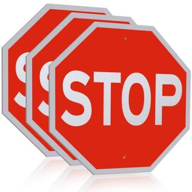 Imagem de Tellegloww Pacote com 3 placas de parada grande, placa de rua de alta intensidade, sem ferrugem, alumínio, aviso lento, refletivo, à prova d'água, parada de segurança de trânsito com 2 furos