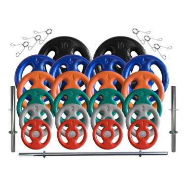 Imagem de Kit Anilhas Emborrachadas 80 Kg + Barras com Presilhas - 2M