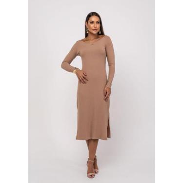 Imagem de Vestido Midi M/L Decote Canoa Canelado Bege Salvatore, P