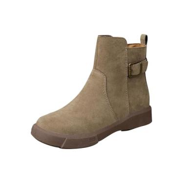 Imagem de Botas curtas femininas casuais de primavera, cor sólida, costura redonda, fivela de cinto, zíper lateral, botas de cano curto, Caqui, 36