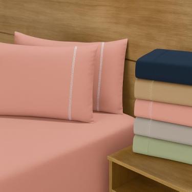 Imagem de Jogo de Lençol - Jogo de Cama - Micropercal Ponto Palito 2 e 3 Peças - 200 Fios - Toque Macio (Rosé, Queen)