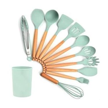 Imagem de Jogo de Cozinha Kit C/12 Pçs de Silicone Utensílios e Copo Suporte para Cozinha Cabo de Madeira Su(12 Peças-26.5CM-Verde claro)