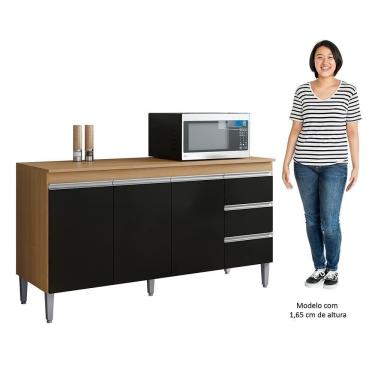 Imagem de Balcão De Cozinha Com Tampo 150cm 3 Gavetas Andréia Amêndoa-preto - Ajl Móveis