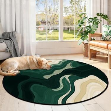 Imagem de AQQA Tapete redondo lavável abstrato verde e bege - Tapete antiderrapante macio de 1,2 m, tapetes finos de lã sintética para sala de estar, quarto, casa de fazenda, sala de jantar, sala de jogos