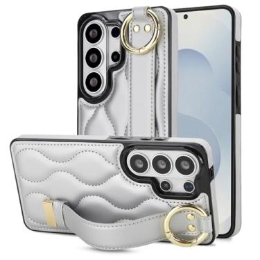 Imagem de Capa para Samsung Galaxy S26 Ultra com alça de pulso, elegante capa de telefone traseira de couro acolchoado para mulheres, capa protetora à prova de choque fina com suporte e anti-impressão digital
