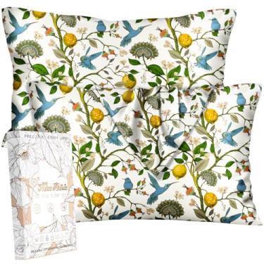 Imagem de Miss Adola Pacote com 2 fronhas de seda - King Size 50 x 91 cm Amoreira Sedosa Fronha para Cabelo e Pele Macia Linda Estética Cama Fronha de Dormir com Zíper para Mulheres, Pássaro Limão