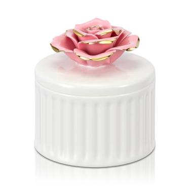 Imagem de Kenning Caixa de joias de cerâmica, caixa decorativa vintage com tampas, organizador de joias para brincos e anéis (rosa)