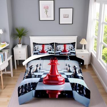 Imagem de Jogo de cama de xadrez internacional para crianças, adolescentes, tamanho Queen, clássico, jogo de xadrez, preto, branco, vermelho, conjunto de edredom com 3 peças, 1 conjunto de edredom com 2 fronhas