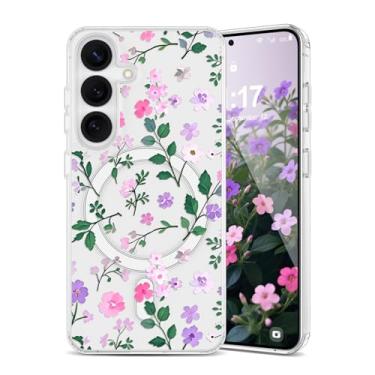 Imagem de EYZUTAK Capa magnética para Samsung Galaxy A35 5G/A55 5G capa de flor compatível com MagSafe, bonita floral estética capa protetora transparente antiamarelamento para meninas e mulheres - rosa roxo