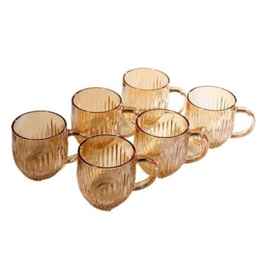 Imagem de x3anggyt5 Canecas de vidro colorido, pacote com 6, conjunto clássico de copos de vidro com listras verticais de 255 g com alça para água, leite e bebidas de suco de café (ouro)