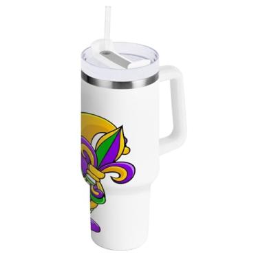 Imagem de Blueangle Copo isolado de gnomo Mardi Gras de 1,134 g com alça e tampa de palha, caneca de viagem reutilizável de aço inoxidável (905)