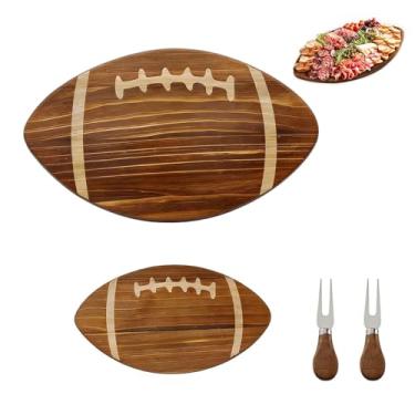 Imagem de Conjunto de tábua de corte de madeira oval com garfo de facas de queijo, prato de charcutaria de futebol de 24 x 14 x 1 cm, conjunto de tábuas de 2 peças para festas e festas do Super Bowl