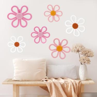 Imagem de UwinVwin 6 peças para pendurar na parede boho margarida, decoração de flor de macramê tecido, arte de parede boêmia para sala de estar, quarto, casa