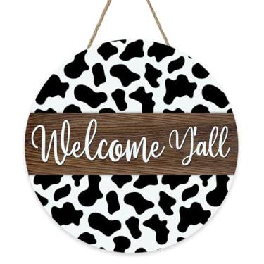 Imagem de Bolisom Placa de porta da frente com estampa de vaca Welcome Y'all, cabide rústico de placa de madeira de casa de campo ocidental, decoração de casa, guirlanda de madeira de fazenda, decoração de