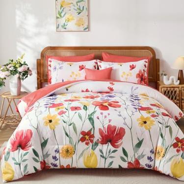 Imagem de Anibedding Conjunto de edredom King Size com 8 peças, vermelho, aquarela, floral, tamanho Queen em uma bolsa, conjunto de edredom com fronha, lençol para todas as estações
