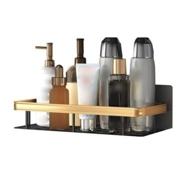 Imagem de KHUTRW3D Suporte de chuveiro adesivo para chuveiro, organizador de banheiro montado na parede, prateleira de chuveiro de metal sem perfuração com cercas douradas, prateleiras de armazenamento