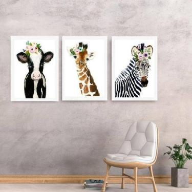 Imagem de Kit 3 Quadros Animais Coroa Flores 33x24cm - Com Vidro