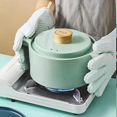 Imagem de Luvas de forno de silicone espessas verdes, luvas de cozinha resistentes ao calor para assar e grelhar, luvas de cozinha de alta temperatura