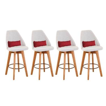 Imagem de Kit 04 Banquetas Alta Maya Giratória Com Encosto Linho Bege Claro e Almofada Sintético Vermelho - Aurora Line