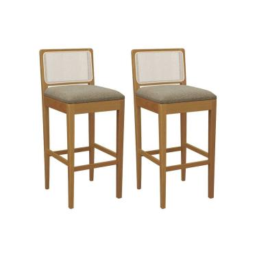 Imagem de Banqueta Cozinha Sara 1BMM005CA Premium Madeira Maciça Kit 2 Un Carvalho/Boucle Bege Fendi/Tela Bege Kappesberg