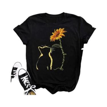 Imagem de Camiseta Preta Com Estampa De Borboleta E Girassol Kawaii Para Mulhere