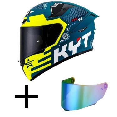 Imagem de Capacete KYT TT Course Fuselage Azul e Amarelo Mais Viseira Camaleão