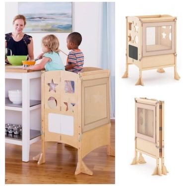Imagem de Banqueta Torre de Aprendizagem Dupla Guidecraft Classic Kitchen Helper Natural Madeira Bétula Altura Ajustável Dobrável