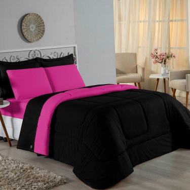 Imagem de Kit Edredom Dupla Face + Jogo De Lençol Casal Nobre 6 Peças Malha 100% Algodão - Preto / Pink