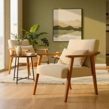 Imagem de Kit 2 Poltrona Aurora Linho Acompanha Almofada Decorativa Madeira Maciça Sala De Estar