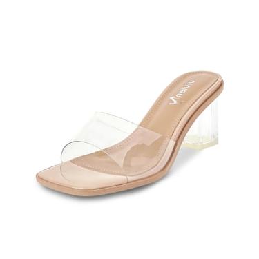 Imagem de vivianly Sandália feminina de salto transparente peep toe mules frente única stiletto salto alto sem cadarço chinelos sapatos sociais, Nude, 6,5 cm (2,5"), 9