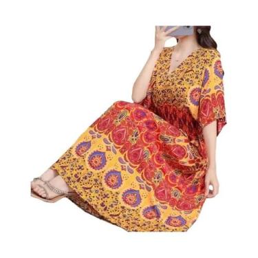 Imagem de Vestido Midi Vintage Boêmio Floral Para Mulheres Com Decote Em V E Cin