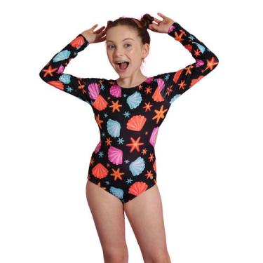Imagem de Maiô Manga Longa Infantil Proteção UV Conchas Preto Everly, 6
