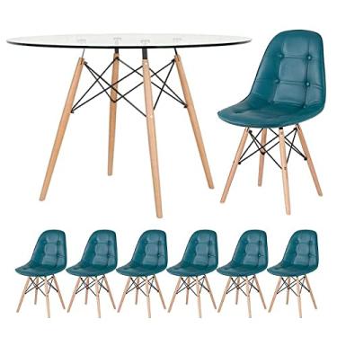Imagem de Loft7, Mesa Eames com tampo de vidro 120 cm + 6 cadeiras estofadas Eiffel Botonê Turquesa