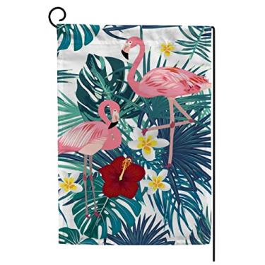 Imagem de ColourLife Bandeira de jardim flamingo rosa com folhas de palmeira e flores, feriados sazonais, quintal, bandeira de casa 30,48 x 45,72 cm bandeira dupla lateral decorativa