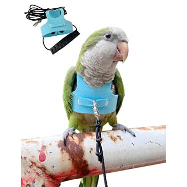 Imagem de Colete de avião para aviões, traje de voo papagaio com coleira para periquitos cacatiéis conures Budgies, roupas voadoras de pássaros com corda e alça para atividades ao ar livre treinamento, antimordida (M, azul)