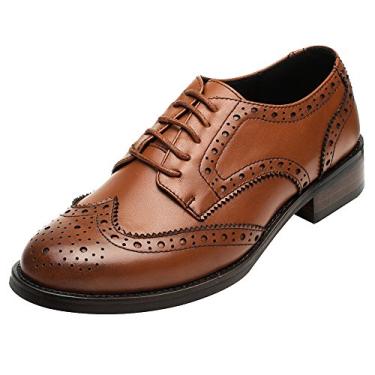 Imagem de Sapatos Oxford de couro para trabalho e casamento com bico fino Brogue feminino da rismart, Marrom, 8