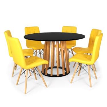 Imagem de Conjunto Mesa de Jantar Talia Amadeirada Preta 120cm com 6 Cadeiras Eiffel Gomos - Amarelo