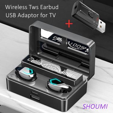Imagem de Wireless TV Earbud com adaptador USB  TWS Bluetooth Headset  fone de ouvido estéreo 9D  cancelamento