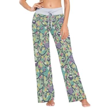 Imagem de KLL Corujas e calças de pijama longo floral para mulheres calças de pijama para mulheres para mulheres loungewear PP, Corujas e florais, Small