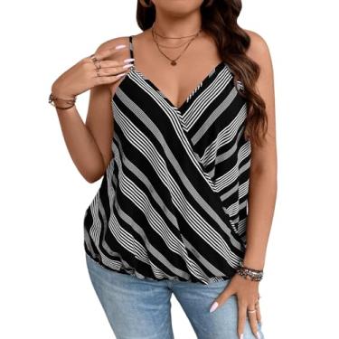 Imagem de SOLY HUX Camiseta feminina plus size listrada gola V alças finas verão, Listrado em preto e branco, 3G Plus Size