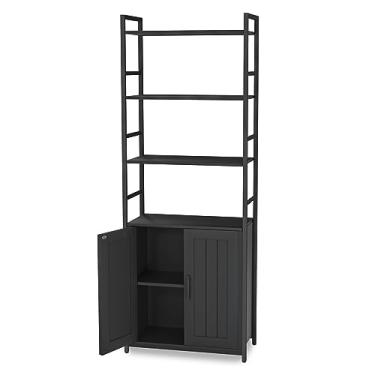 Imagem de Lazyvan Estante preta com portas, estante de livros de 178 cm de altura com armário de armazenamento, prateleira de 6 camadas para sala de estar/quarto/escritório/cozinha, 177,8 cm (A) x 66 cm (C) x