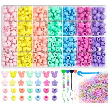 Imagem de 1460 peças de contas de cabelo para meninas trançadas, contas de pônei estrela de coração de acrílico Mickey Pastel contas com elástico kit de passadores de fita de borracha kandi fofas contas divertidas para meninas pulseiras de cabelo fabricação de joias