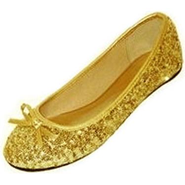 Imagem de Shoes8teen Sapatilha feminina de balé de bico redondo com glitter, lantejoulas e laço, Lantejoulas douradas 2001, 7-8