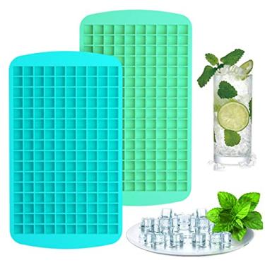 Imagem de Mini formas de cubo de gelo de silicone, pacote com 2, 320 moldes de cubos de gelo pequenos, fácil de desenformar, gelo amassado para refrescar o coquetel, flexível empilhável para freezer (verde + azul)