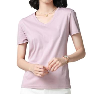 Imagem de Camiseta feminina de verão algodão mercerizado 2024 gola V camiseta casual confortável manga curta, Rosa, roxo, M