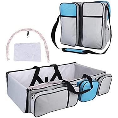 Imagem de Bolsas para troca de fraldas de bebê 3 em 1, cama de fraldas dobrável multifuncional, bolsa de fraldas portátil para berço de viagem com rede mosquiteira para 0 a 12 meses, azul