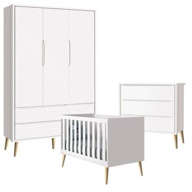 Imagem de Quarto De Bebê Theo 3 Portas Com Cômoda Gaveteiro Branco Acetinado Pés Madeira Natural - Reller